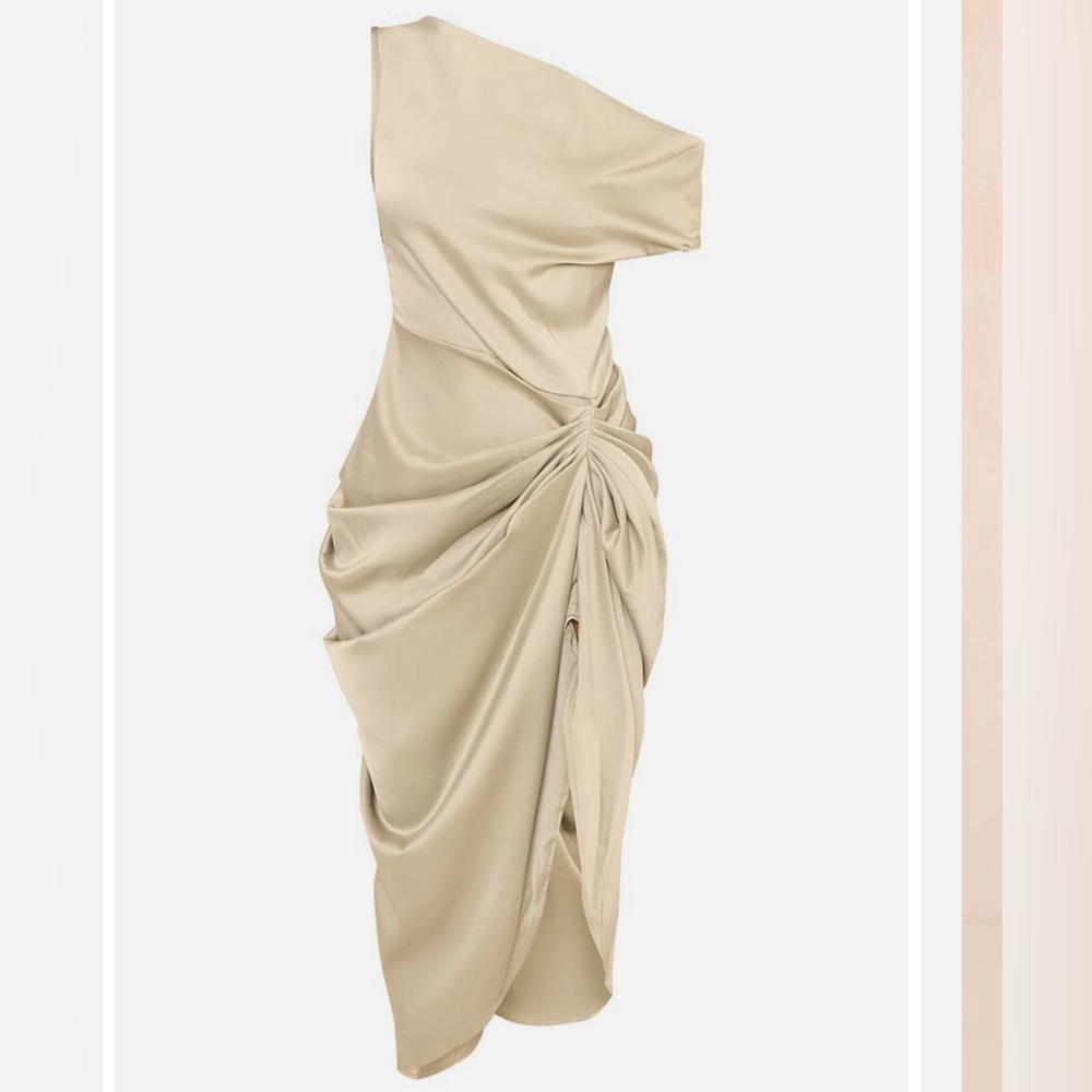 Satin Off The Shoulder Draped Skirt Midi Dress